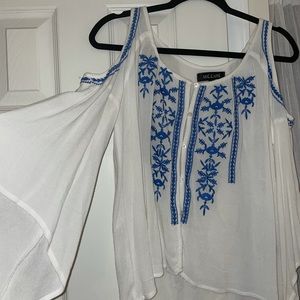 Mission White and Blue Flowy Top